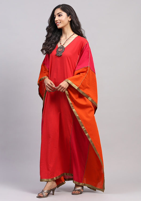 Flowy Flame Colour Kaftan With Bronze Tissue Trimmings