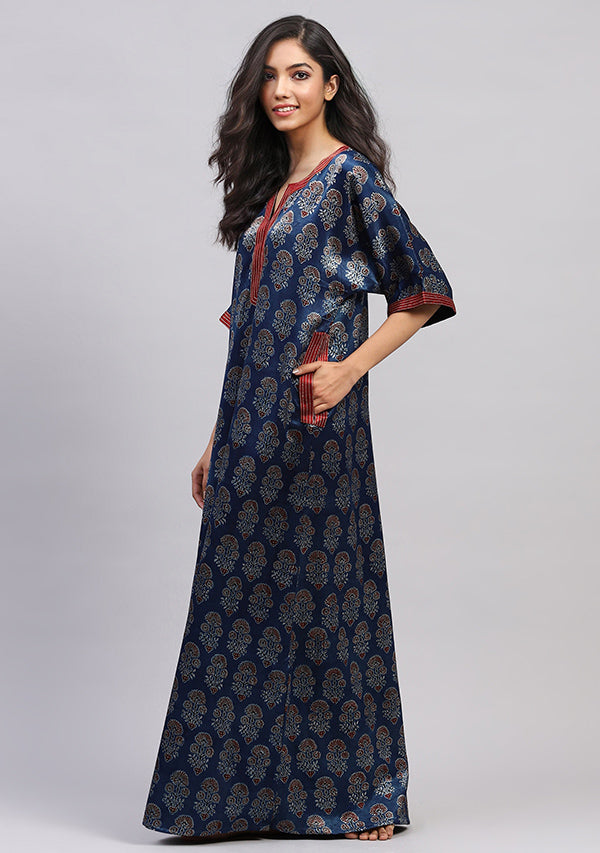 Blue Red  Floral Mushru Luxury Nighty Kaftan with Stitch Lines