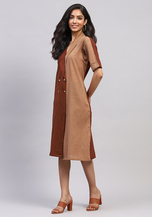 Brown Double Breasted Cotton Dress With Metallic Buttons