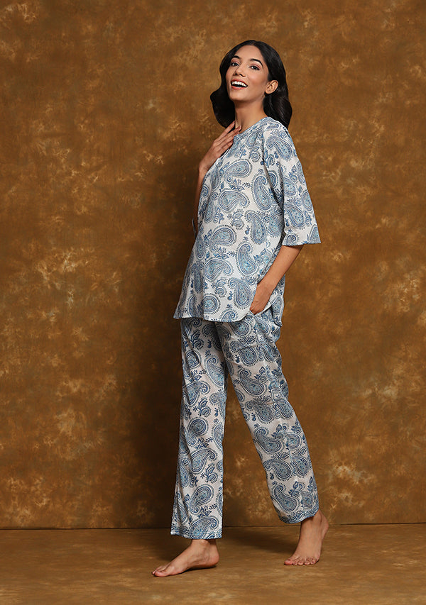 White Blue Paisley Motif Hand Block Printed Cotton Night Suit with Silver Trimmings