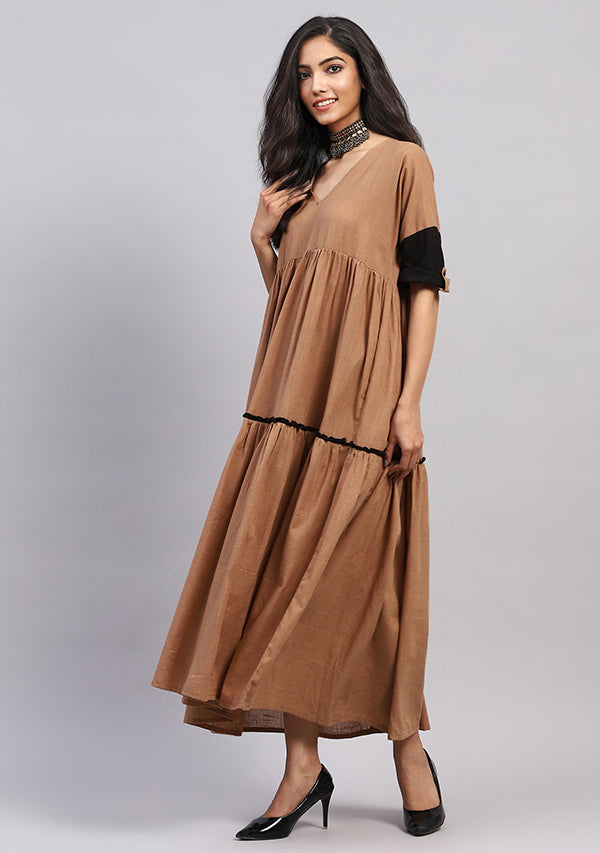 Brown Cotton Dress With Gathers and Contrast Black Trimmings