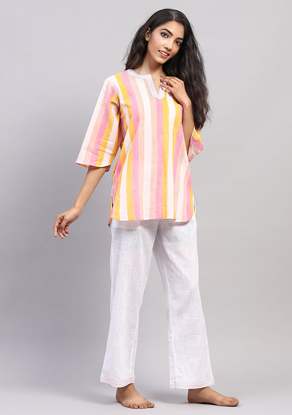 Pink White Multicolor Striped Hand Block Printed Cotton Night Suit