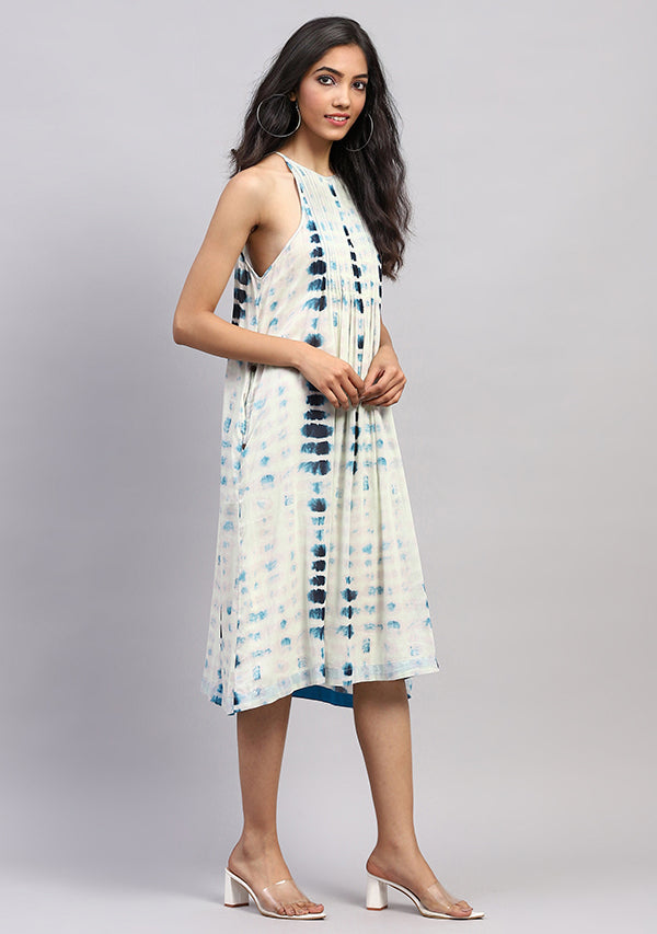White Blue Tie And Dye Cotton Strap Dress With Pin-tucks