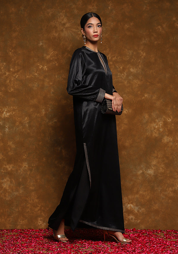 Black Long Mushru Kurta with Gold Trimmings paired with Straight Pants