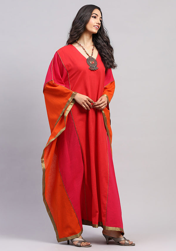 Flowy Flame Colour Kaftan With Bronze Tissue Trimmings