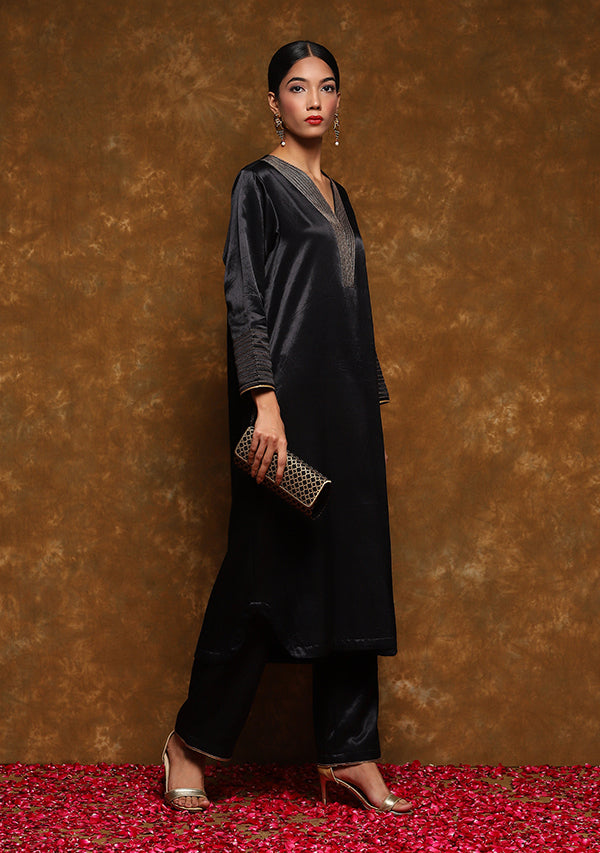 Black Mushru Kurta with Gold Trimmings paired with Pants