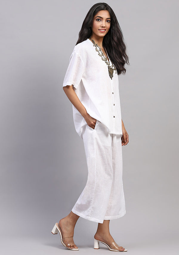 White Front Open Cotton Co-ord Set With Pants