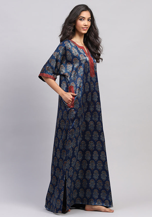 Blue Red  Floral Mushru Luxury Nighty Kaftan with Stitch Lines