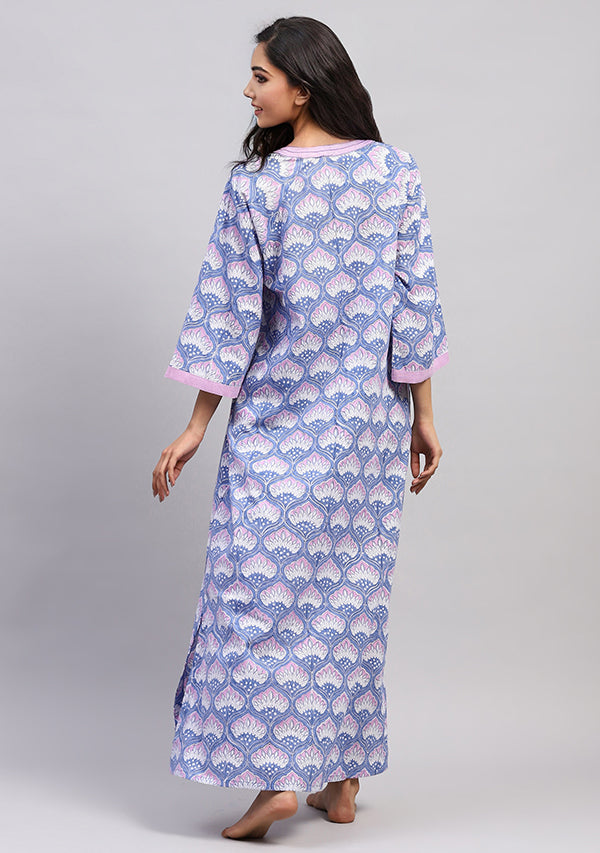 Blue Lilac Hand Block Printed Floral Nighty Kaftan with Contrast Stitch Lines