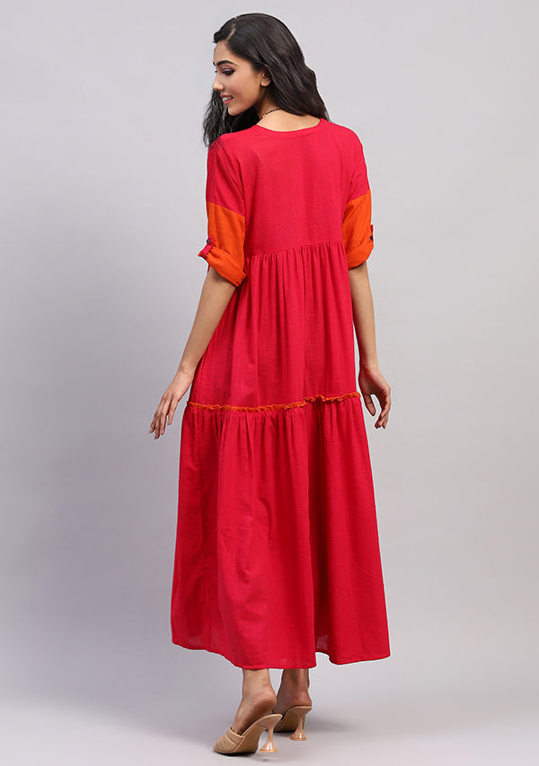 Fuchsia Cotton Dress With Gathers and Contrast Orange Trimmings