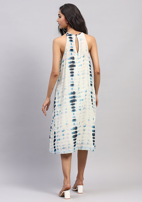 White Blue Tie And Dye Cotton Strap Dress With Pin-tucks