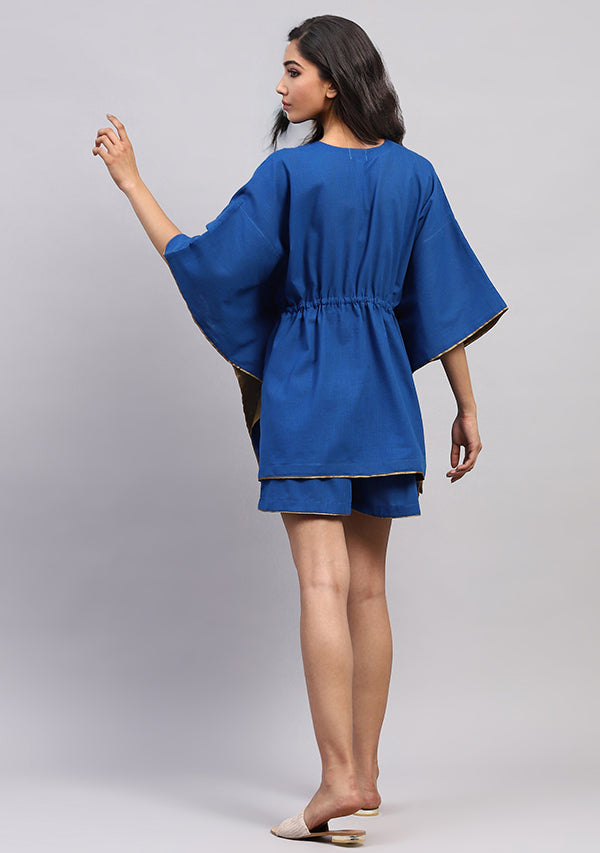 Royal Blue Short Kaftan with Bronze Trimmings and Elasticated Shorts