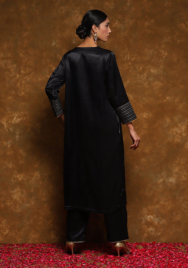 Black Mushru Kurta with Gold Trimmings paired with Pants
