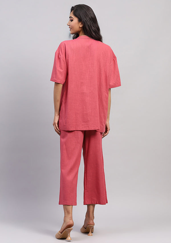 Peach Front Open Cotton Co-ord Set With Pants