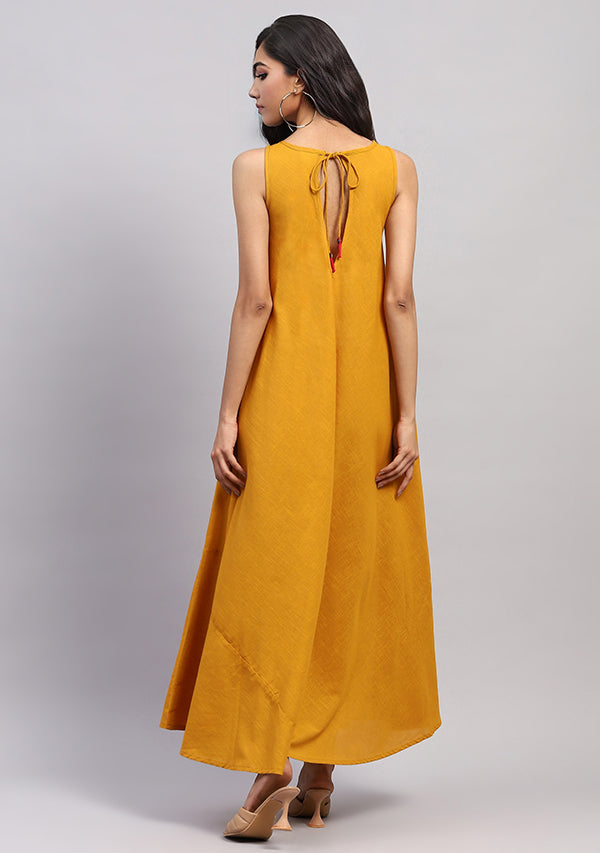 Mustard Sleeveless A-Line Long Cotton Dress
