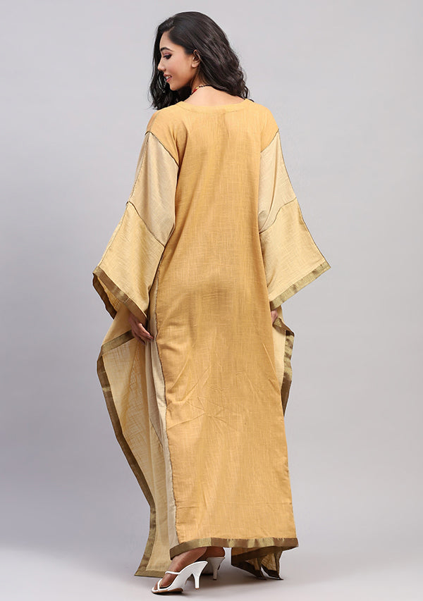 Flowy Kaftan in Earthy Colors and Bronze Tissue Trimmings