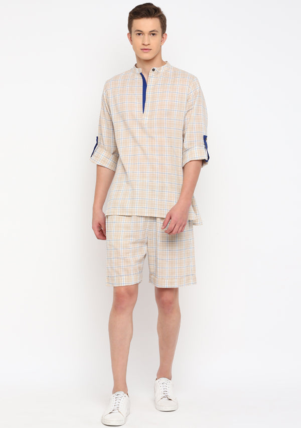Beige Blue Checked Cotton Shirt and Shorts For Men