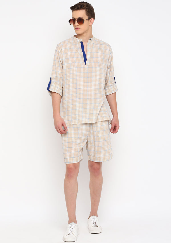 Beige Blue Checked Cotton Shirt and Shorts For Men