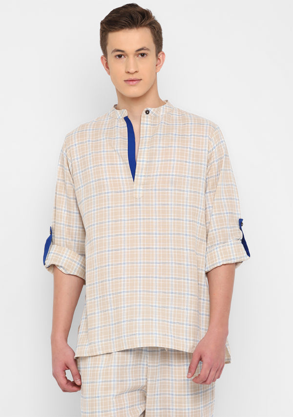 Beige Blue Cotton Shirt and Pyjamas For Men