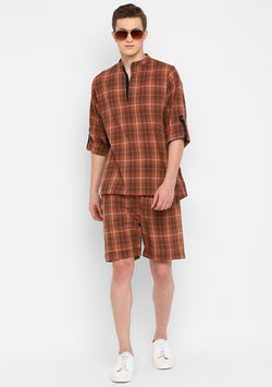Brown Black Checked Cotton Shirt and Shorts For Men