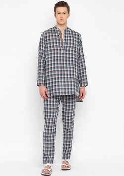 Blue Brown Checked Cotton  Shirt and Pyjamas For Men
