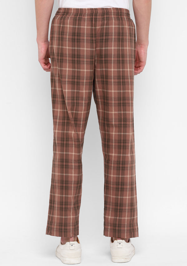 Brown Black Checked Cotton Lounge Pants For Men