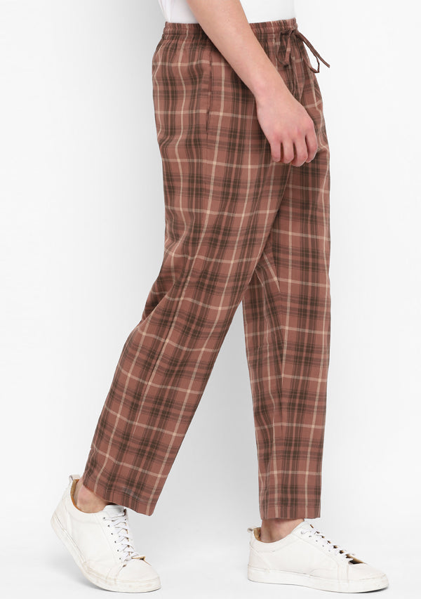 Brown Black Checked Cotton Lounge Pants For Men
