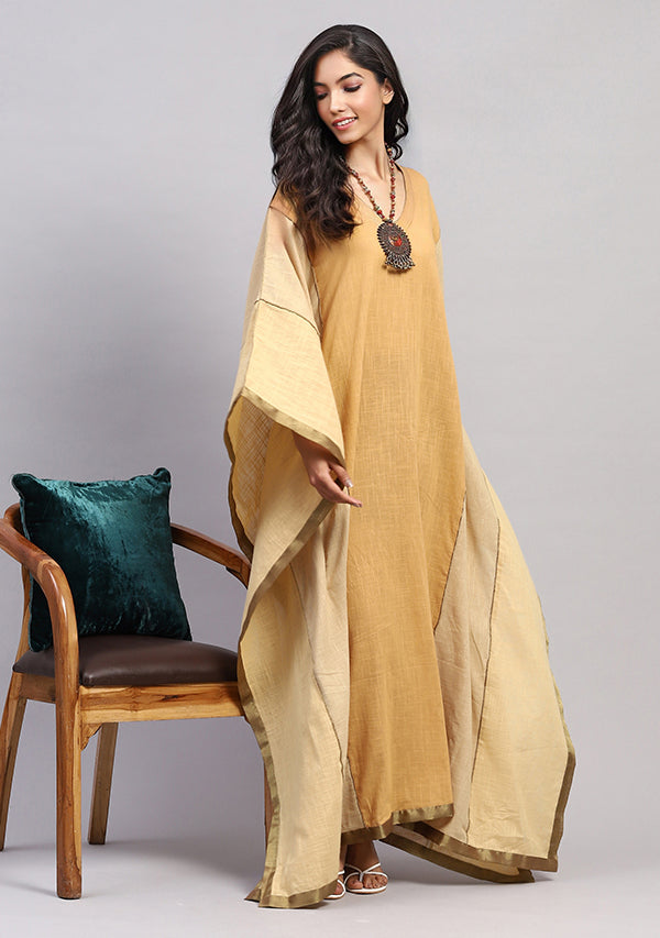 Flowy Kaftan in Earthy Colors and Bronze Tissue Trimmings