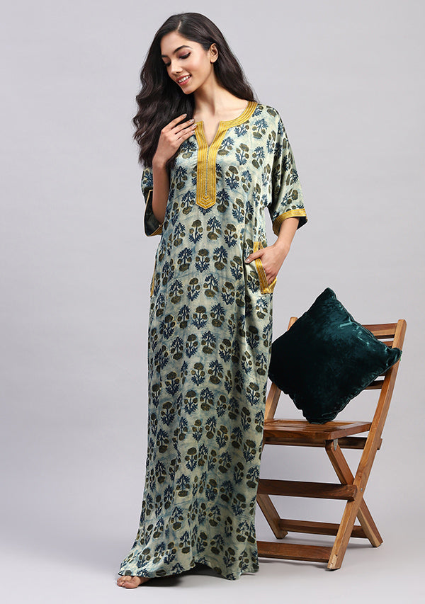 Yellow Blue  Floral Modal Luxury Nighty Kaftan with Stitch Lines