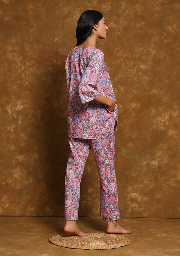 Pink Grey Floral Hand Block Printed Cotton Night Suit with Sliver Trimmings