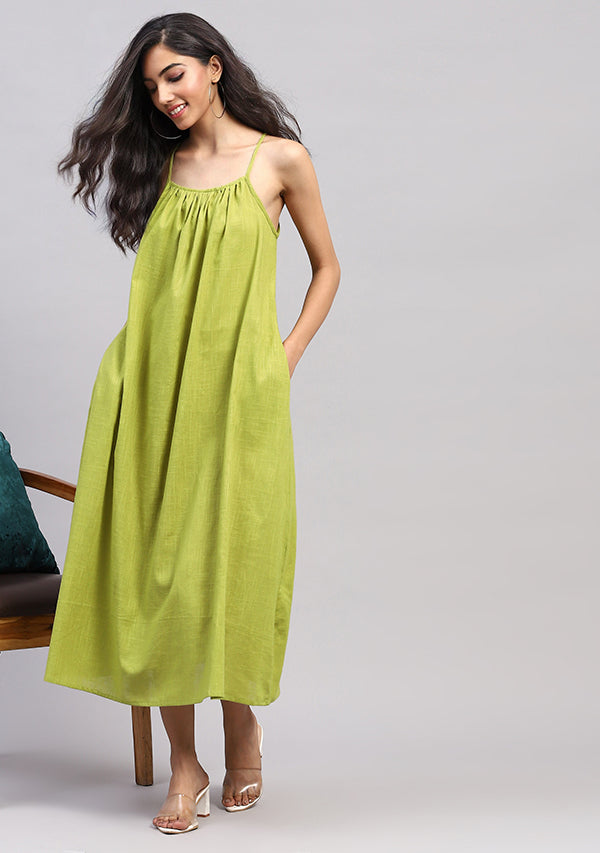 Olive Green Sleeveless Cotton Strap Dress