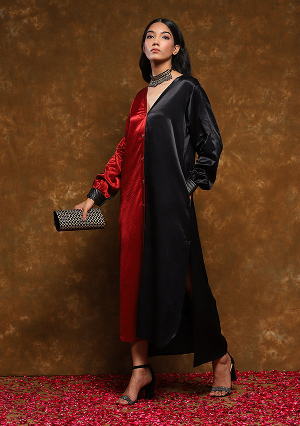 Red Black Front Open Mushru Shirt Dress with Gold Trimmings on Cuffs