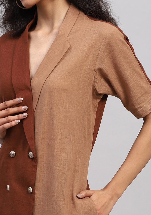 Brown Double Breasted Cotton Dress With Metallic Buttons