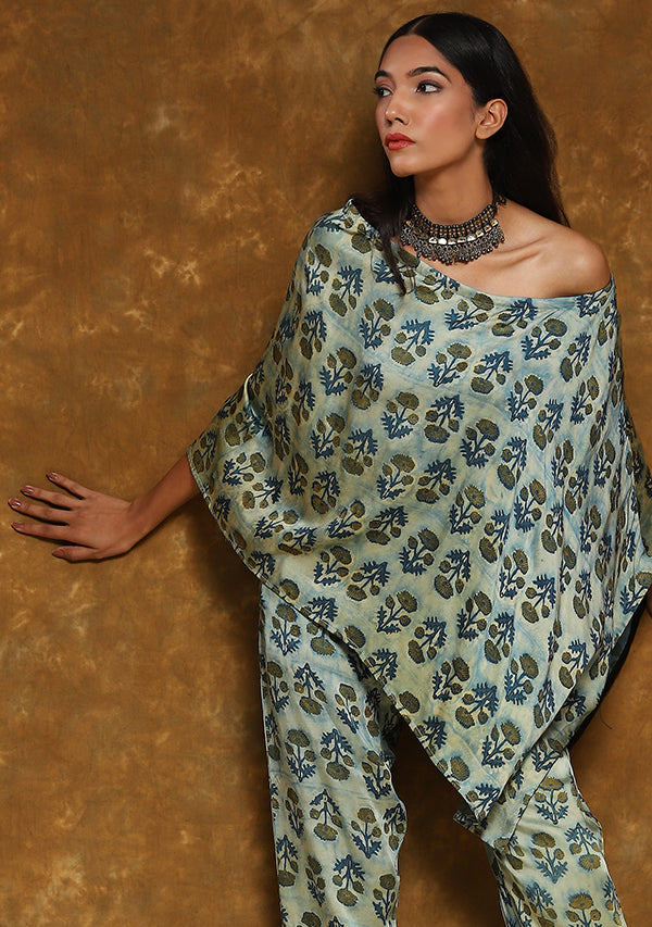 Blue Yellow Hand Block Printed Modal Cape with Matching Pants