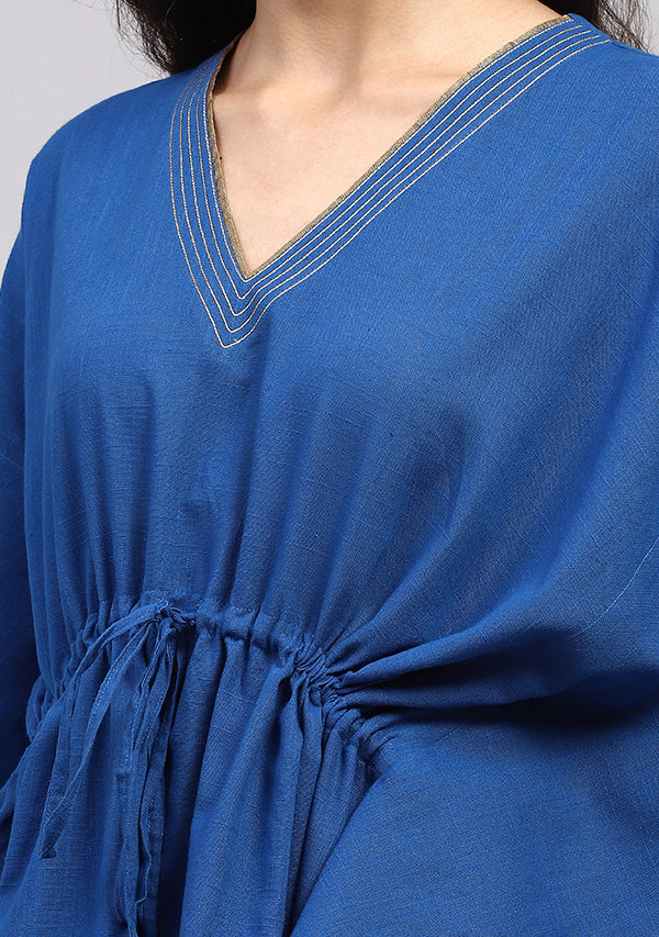 Royal Blue Short Kaftan with Bronze Trimmings and Elasticated Shorts
