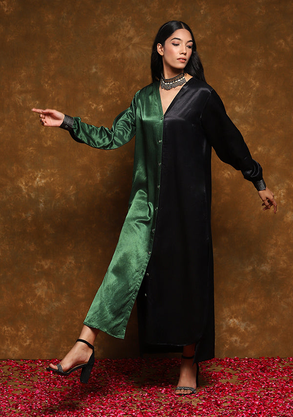 Green Black Front Open Mushru Shirt Dress with Gold Trimmings on Cuffs