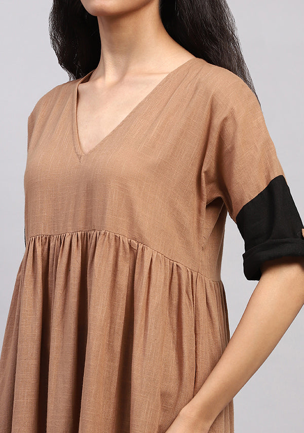 Brown Cotton Dress With Gathers and Contrast Black Trimmings