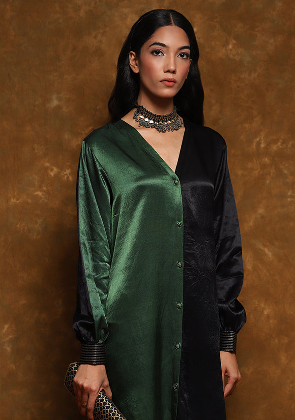 Green Black Front Open Mushru Shirt Dress with Gold Trimmings on Cuffs