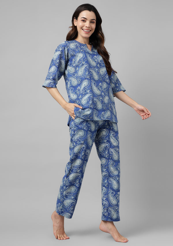 Blue White Paisley Motif Hand Block Printed Cotton Night Suit with Silver Trimmings