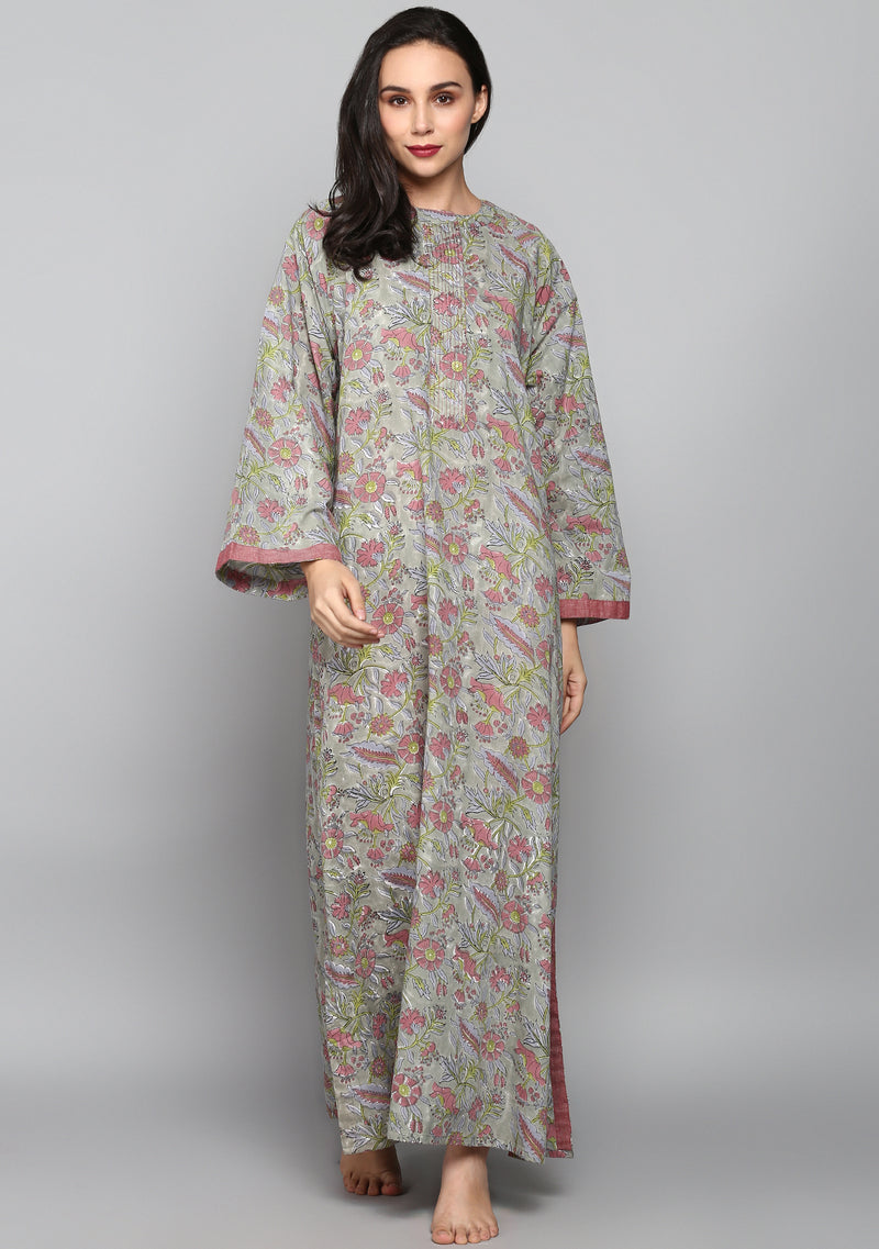 Grey Mauve Hand Block Printed Floral Cotton Night Dress Long Sleeves and Zip Detail - unidra.myshopify.com