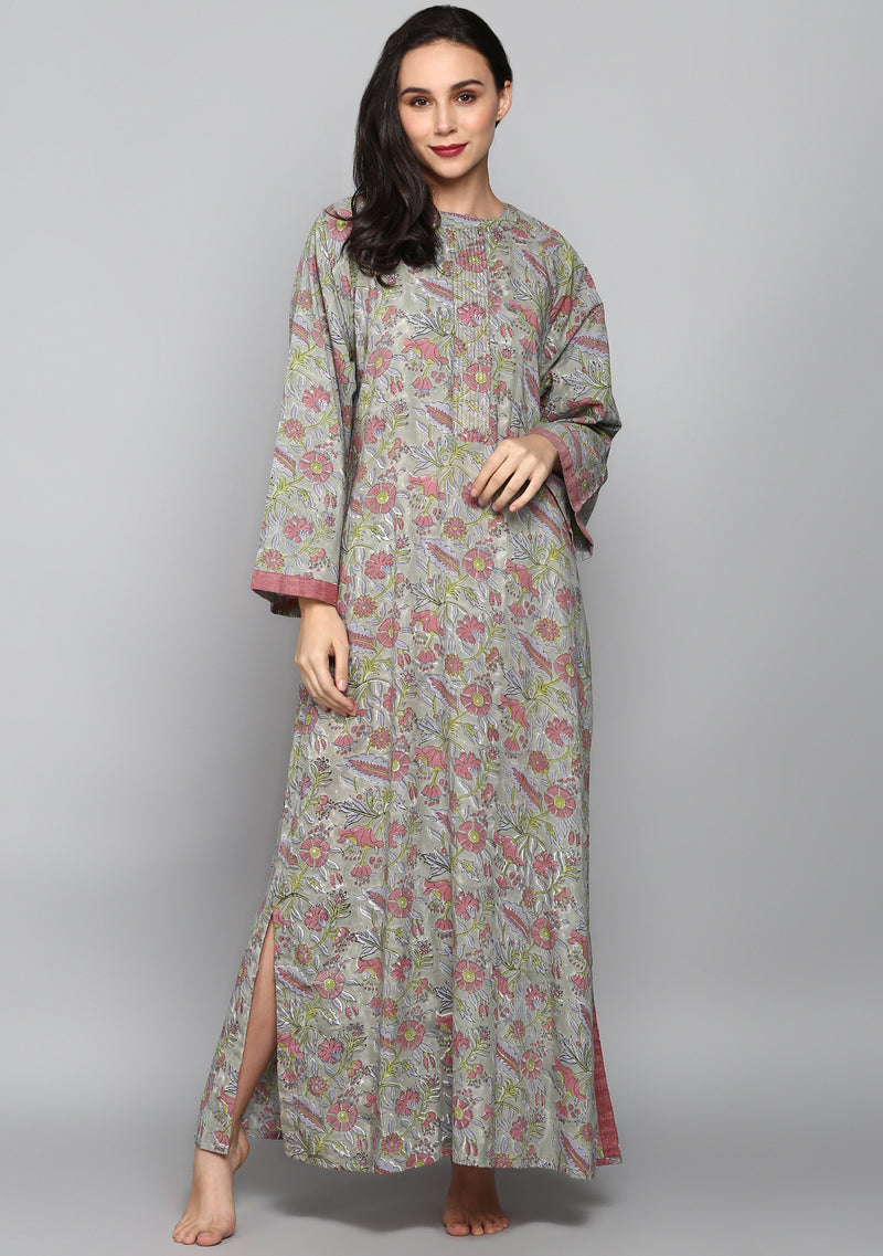 Grey Mauve Hand Block Printed Floral Cotton Night Dress Long Sleeves and Zip Detail - unidra.myshopify.com