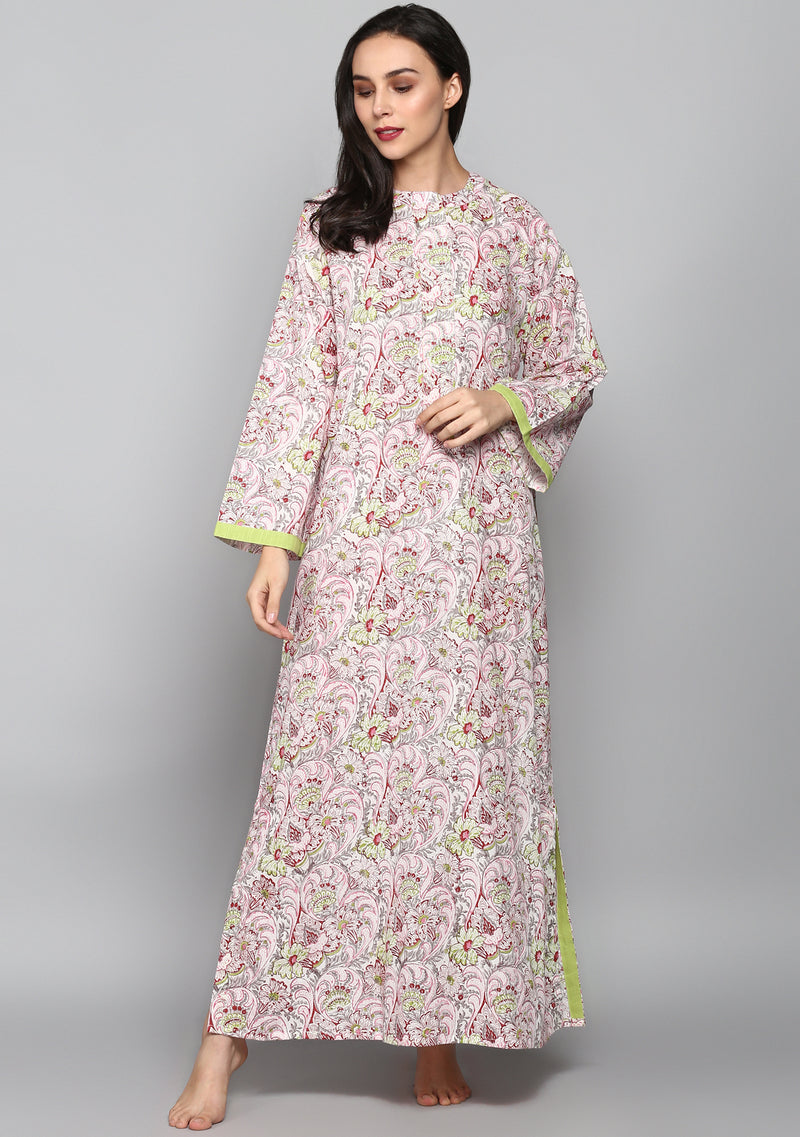Ivory Red Green Hand Block Printed Floral Cotton Night Dress Long Sleeves and Zip Detail - unidra.myshopify.com
