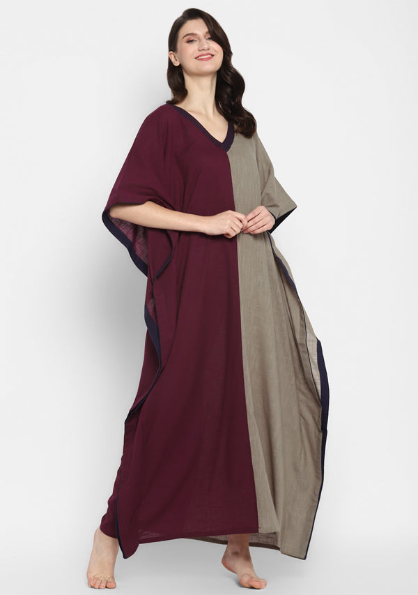 Wine and Grey V-Neck Cotton Kaftan with Contrast Stitch Lines