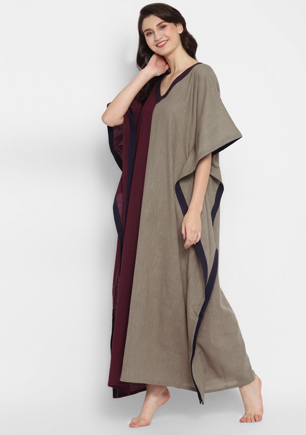 Wine and Brown V-Neck Cotton Kaftan with Contrast Stitch Lines
