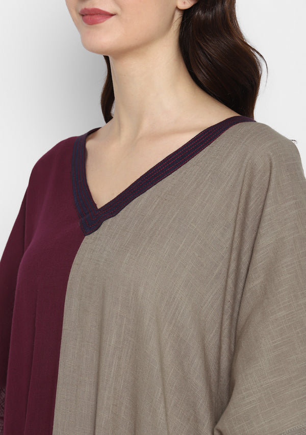 Wine and Khaki Green V-Neck Cotton Kaftan with Contrast Stitch Lines