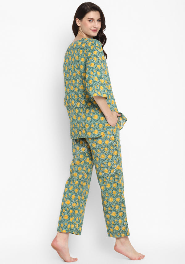 Aqua Yellow Hand Block Printed Floral Cotton Night Suit