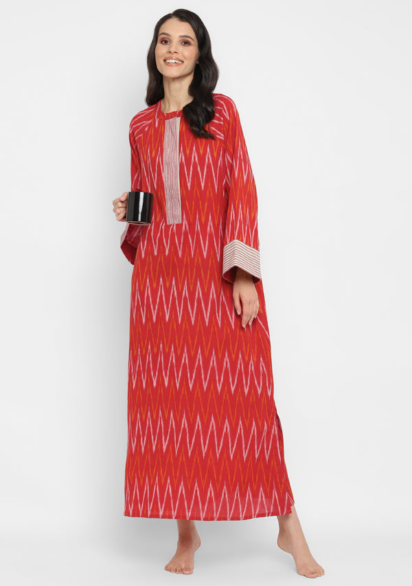 Red Yellow Ikat Weave Night Dress With Long Sleeves and Zip Detail