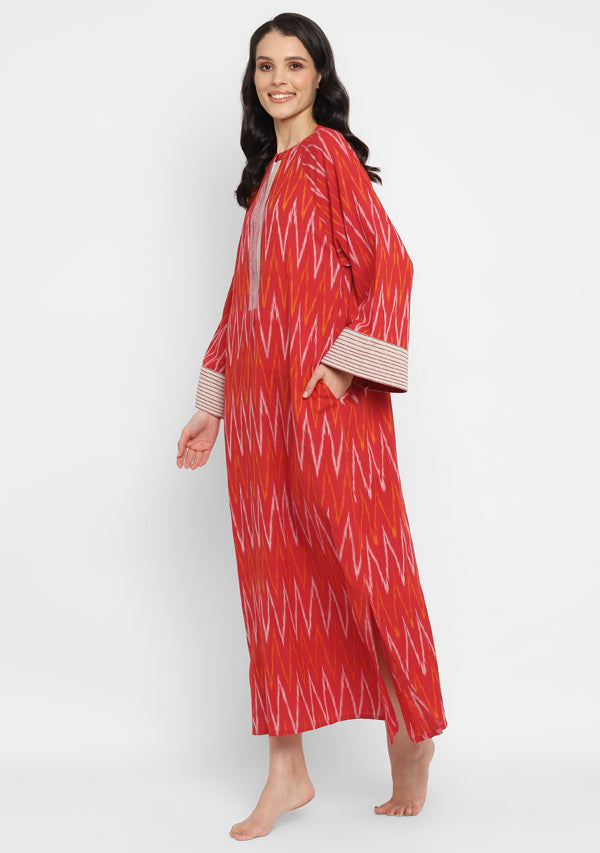Red Yellow Ikat Weave Night Dress With Long Sleeves and Zip Detail