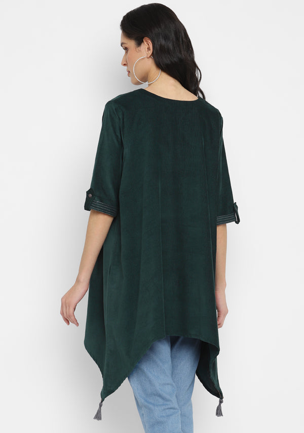 Corduroy Green Asymmetric Tunic with Contrast Stitch lines  and Tassels