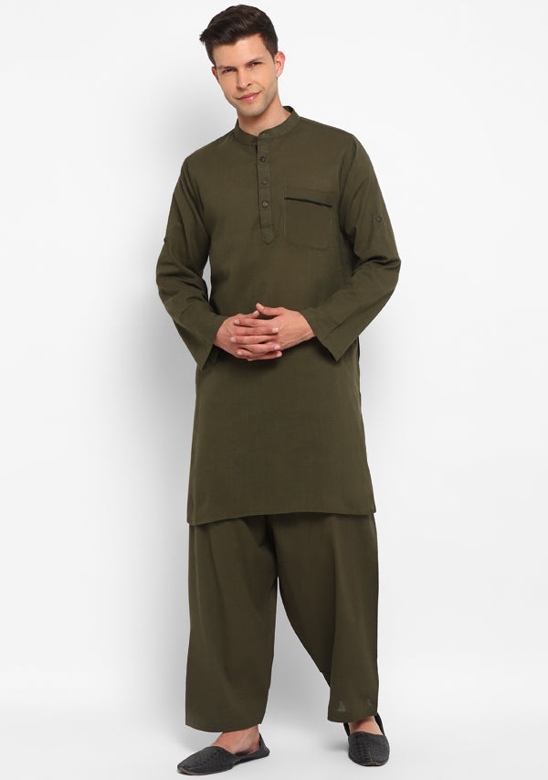 Military Green Cotton Kurta and Pathani Salwar For Men